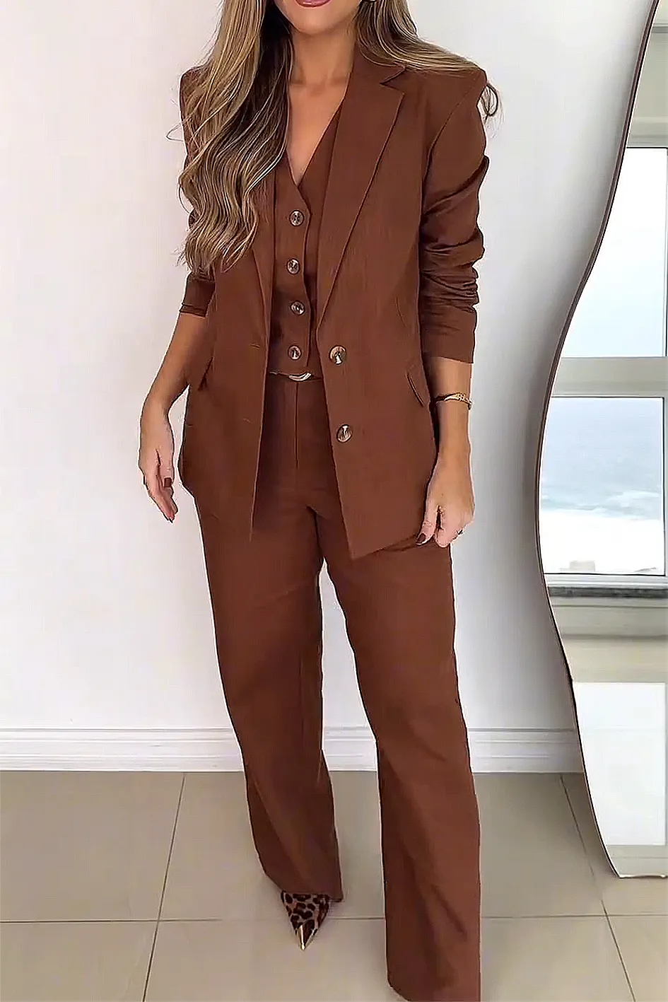 Women'S Fashion  Casual Slit Top And Pants Two-Piece Set