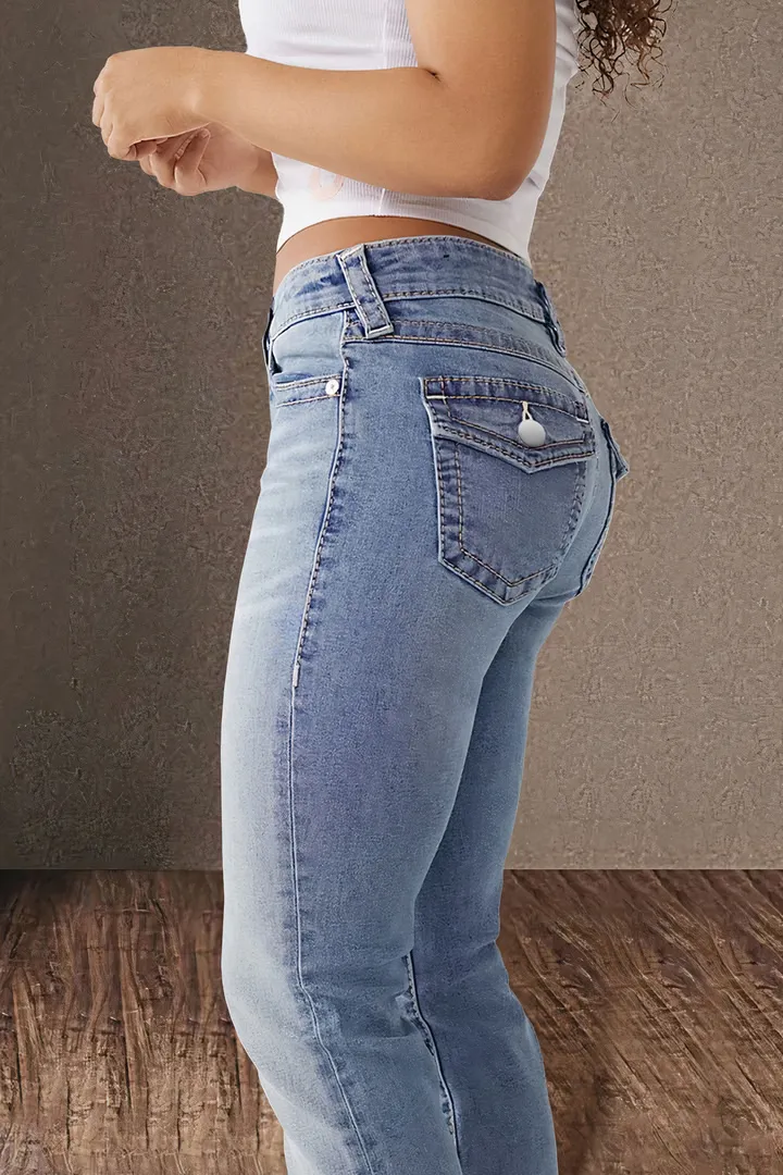 Wash Double Button Flap Pocket Mid Waist Straight Leg Jeans