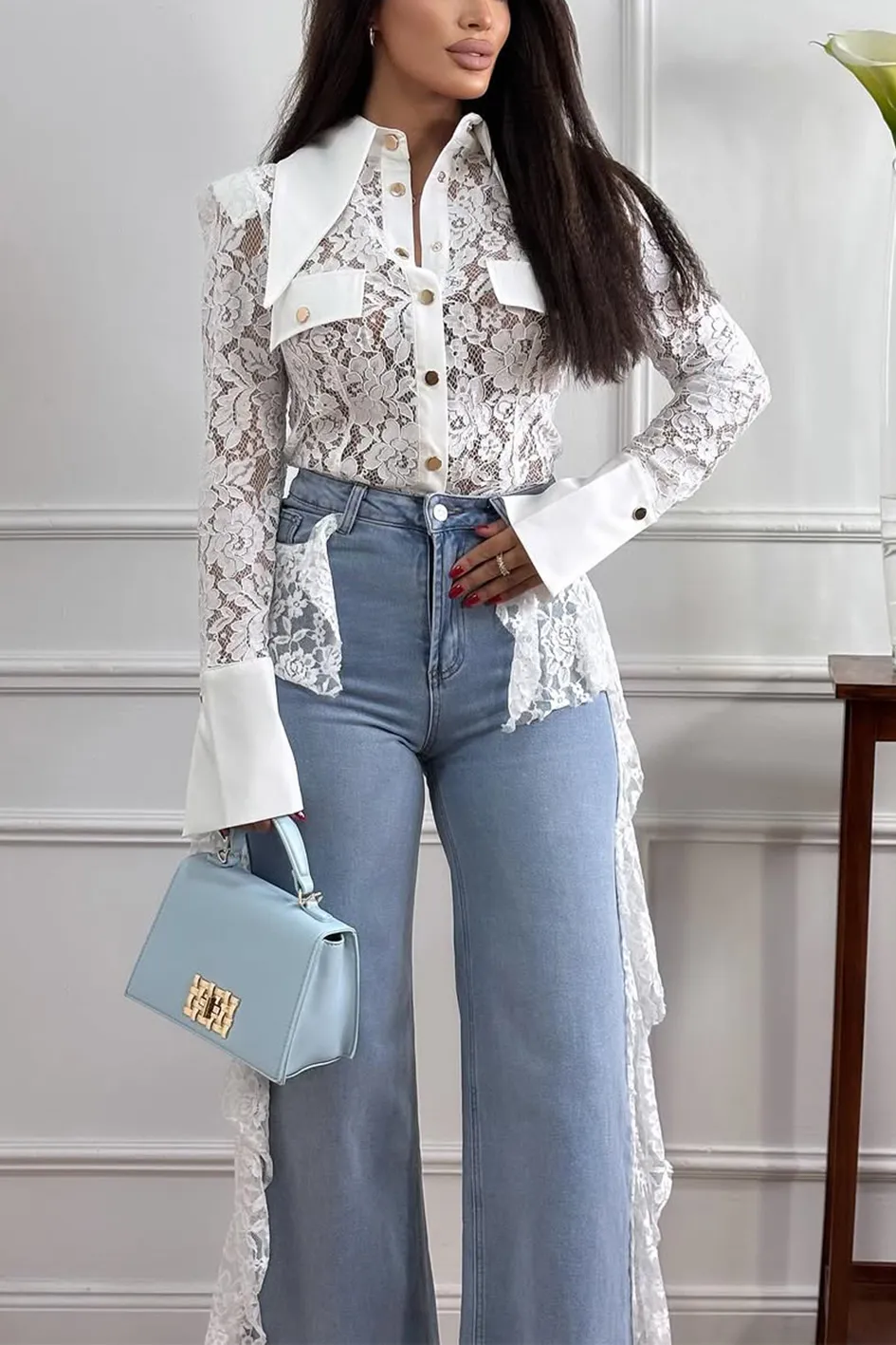 Women'S Lace Patchwork Long Top And Pants Two-Piece Set