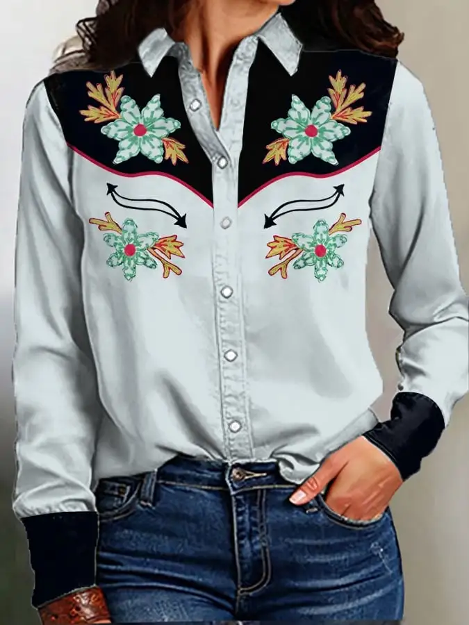 Women's Vintage Western Print Long Sleeve Shirt