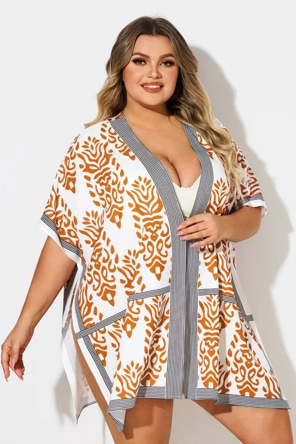 Loose Orange Print Batwing Sleeve Cover Up