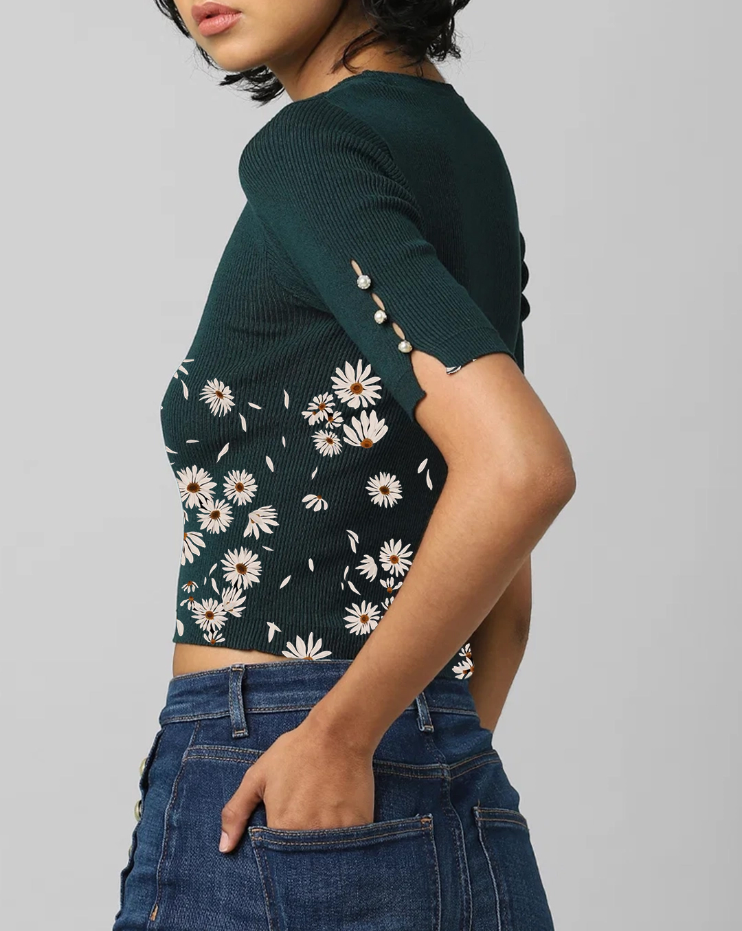 Dark Green Daisy Print Short Sleeve Cropped Top