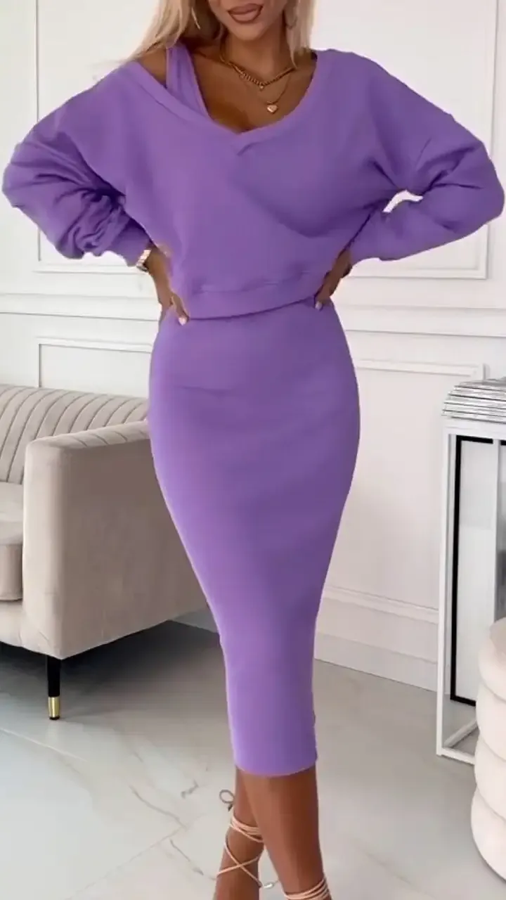 Women's V-neck Solid Color Casual Dress Suit