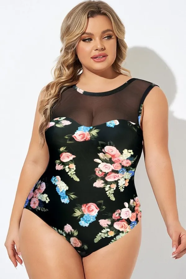 High Neck Black Floral Print Mesh One Piece Swimsuit