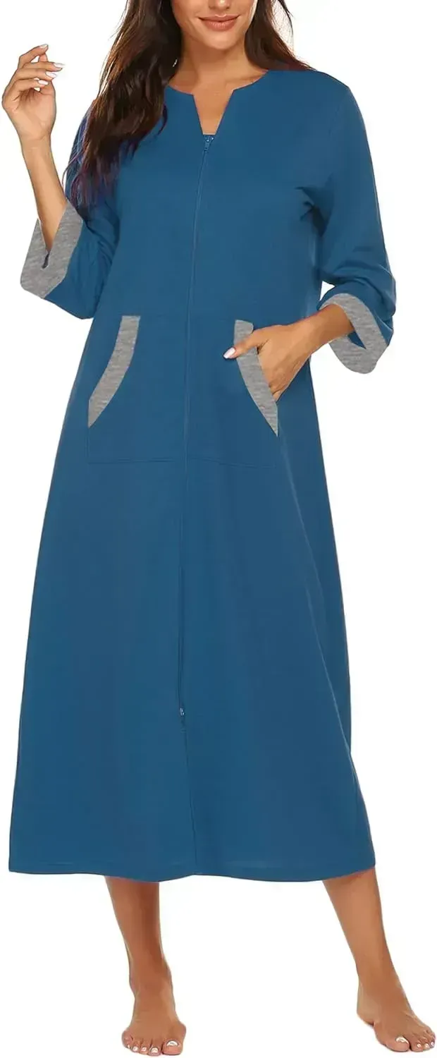 Women Zipper Robe 3/4 Sleeves Loungewear Dress Full Length Sleepwear Pockets Housecoat Nightgown Long Bathrobe
