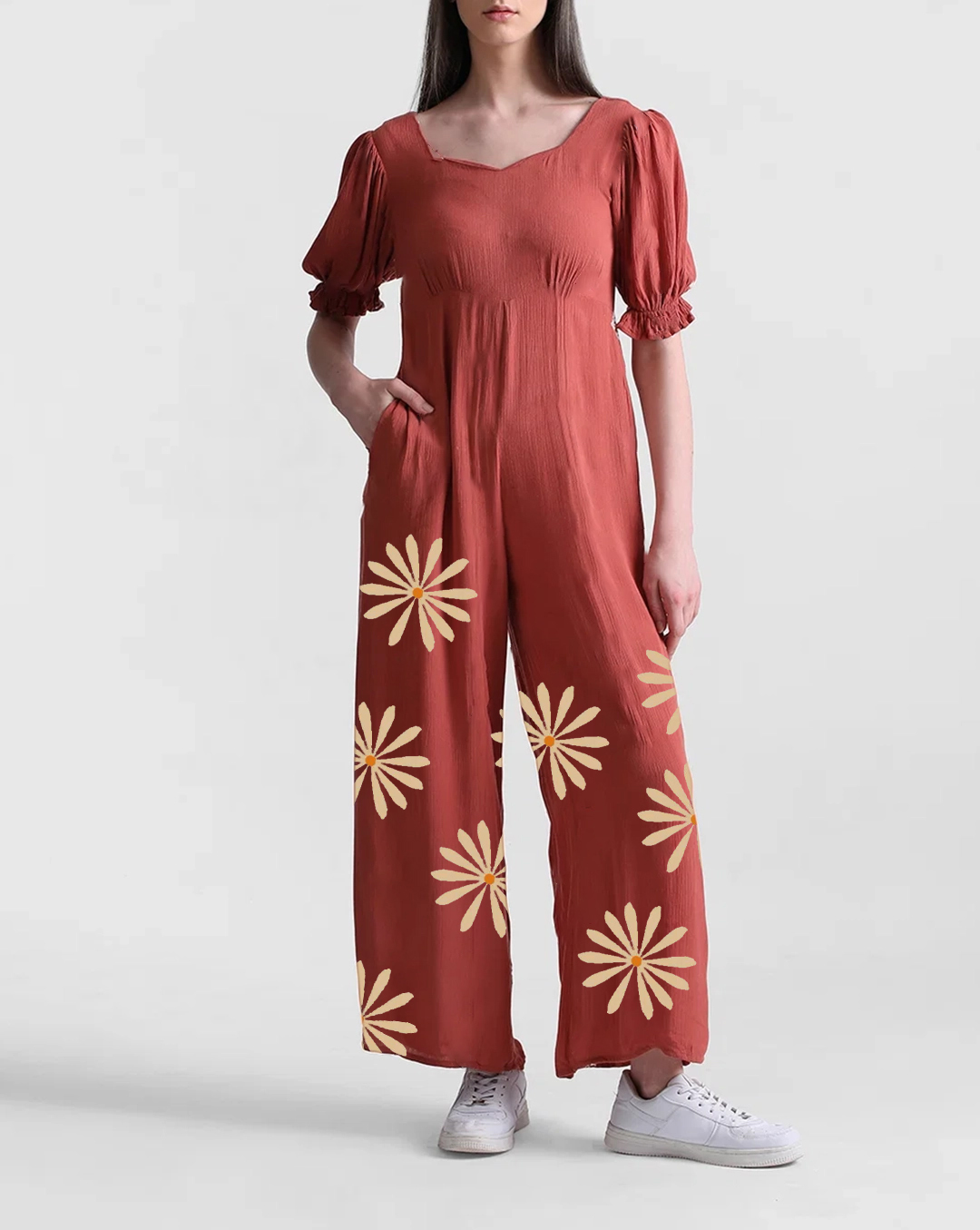 Rust Red Puff Sleeve Daisy Print Jumpsuit