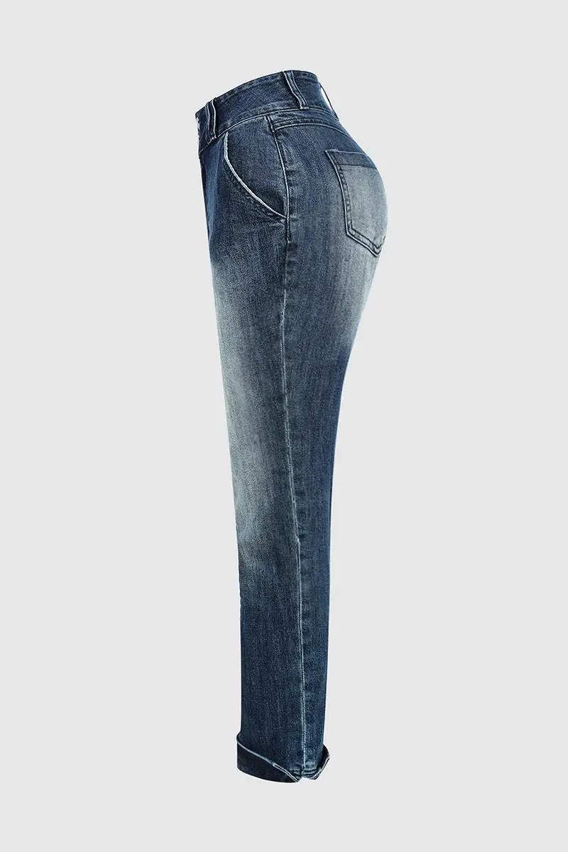 Double Button Roll Hem Mid Waist Crop Jeans
