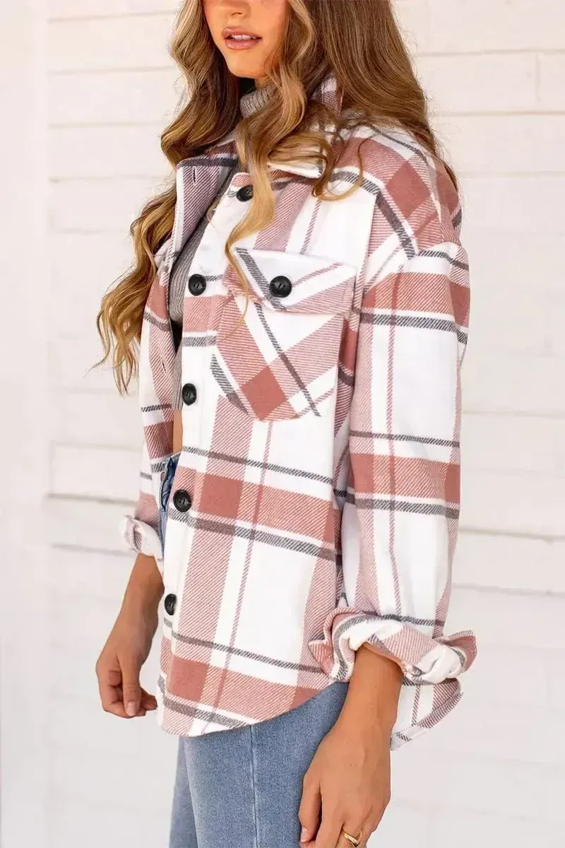 Womens Casual Plaid Shacket Button Down Long Sleeve Shirt
