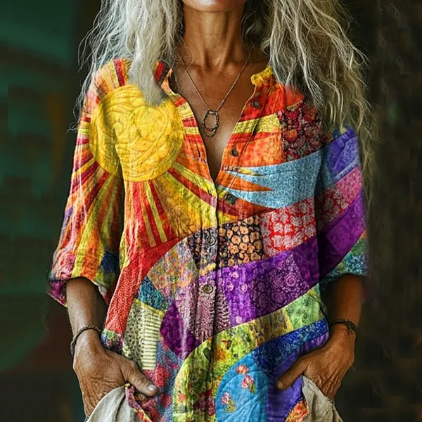 Bohemian Style Colorful Sun Floral Collagelinen Print Long Sleeve Shirt