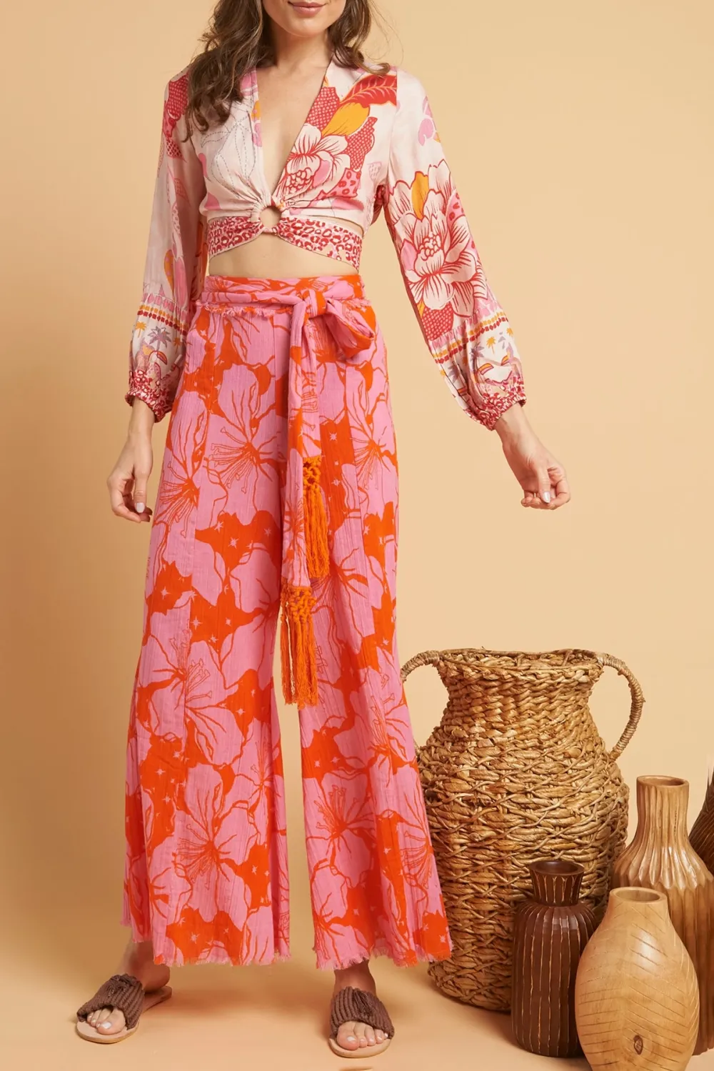 Pink And Orange Floral Print Crop Top And Pants Set