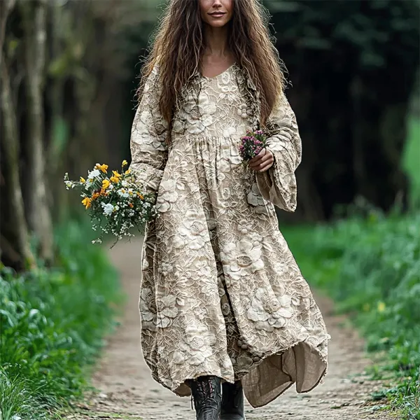 Vintage Floral Lace Embroidered Flowy Linen Blend Maxi Dress