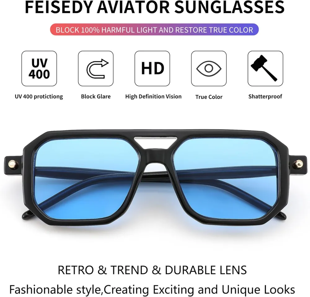 FEISEDY Vintage Square 70s Flat Aviator Sunglasses Women Men Classic Retro Stylish Frame UV400 Sunglasses B2622