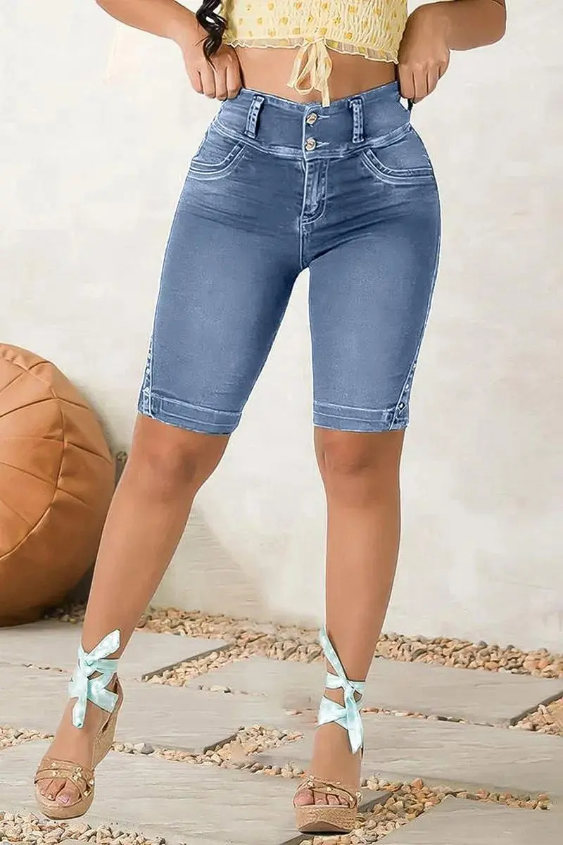 Wash Button Detail High Waist Bermuda Denim Shorts