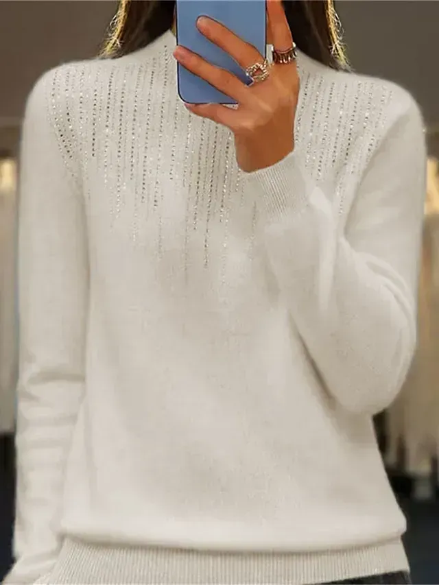 Women‘s Christmas Pullover Sweater Jumper Crew Neck Ribbed Knit Acrylic Sequins Fall Winter Regular Outdoor Daily Going out Xmas Stylish Casual Long Sleeve Solid Color Black White Light Green S M L