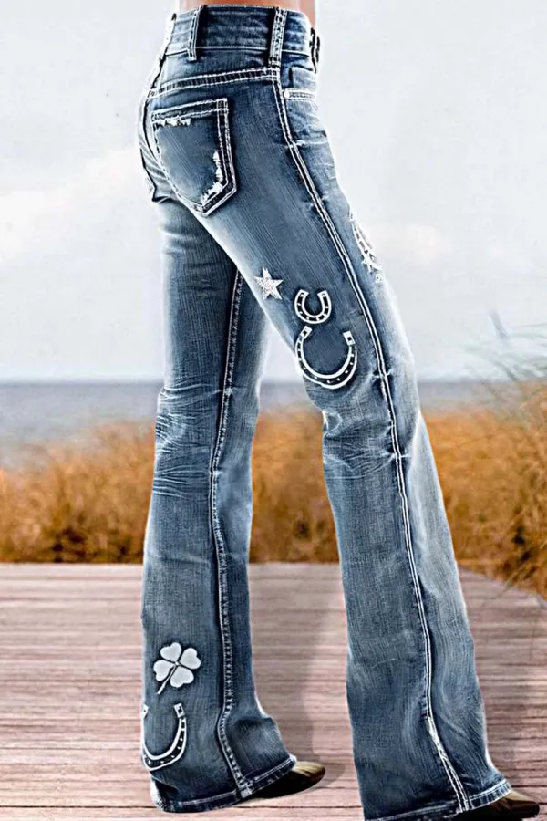Star & Moon Pattern Double Button Mid Rise Flare Jeans
