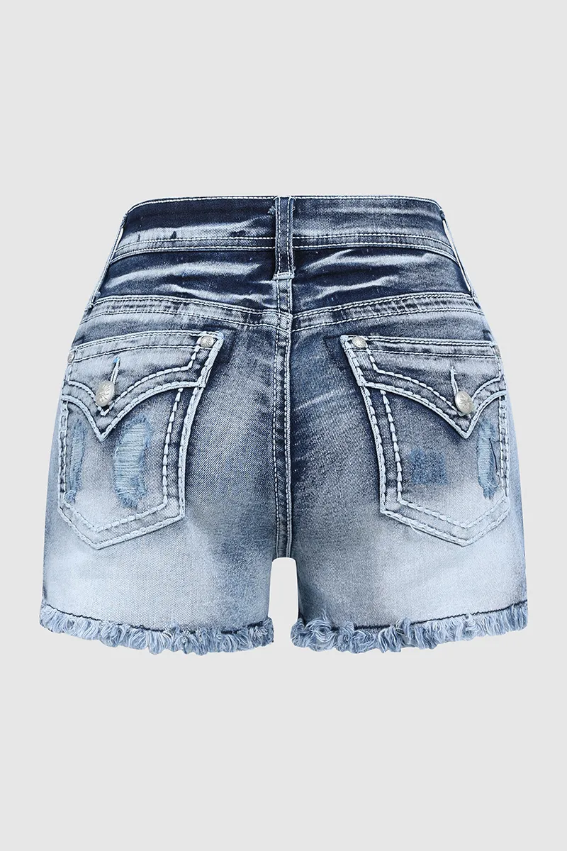 Star & Striped Embroidered Ripped Raw Hem Denim Shorts