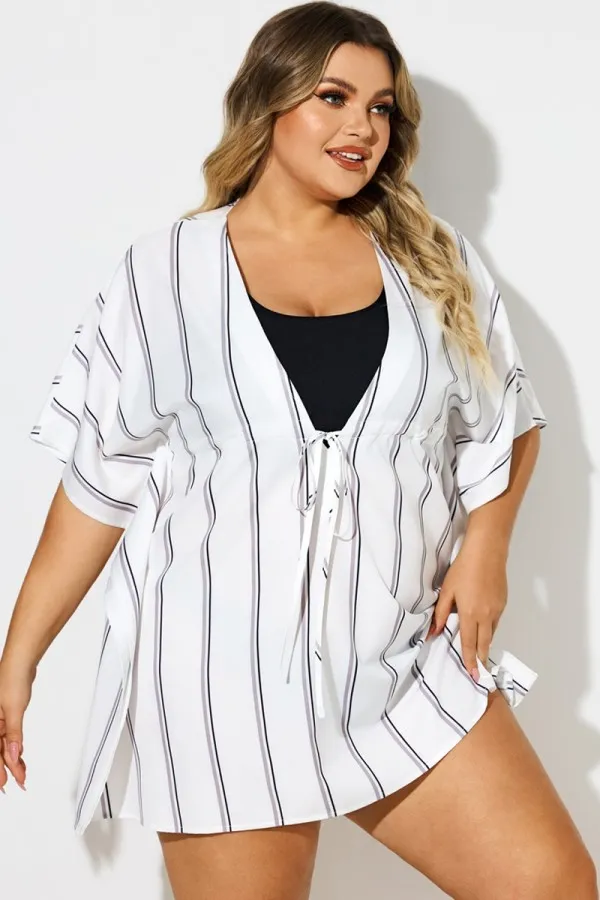 V-Neck Loose Retro Striped Drawstring Cover Up