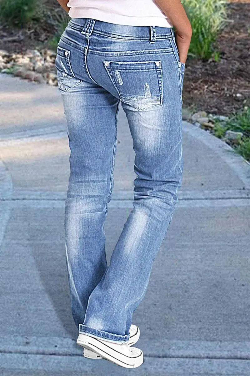 Ripped Roll Hem Double Button Low Waist Straight Leg Jeans