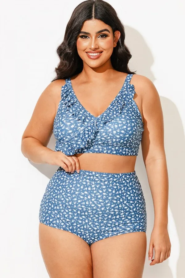 Plus Size Floral Print With Frill Details Elegant Bikini Top