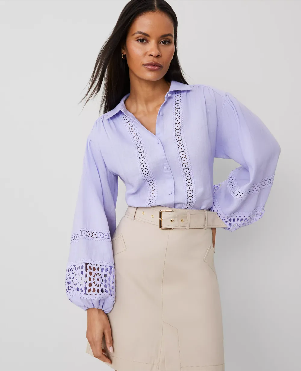 Embroidered Linen Puff Sleeve Blouse