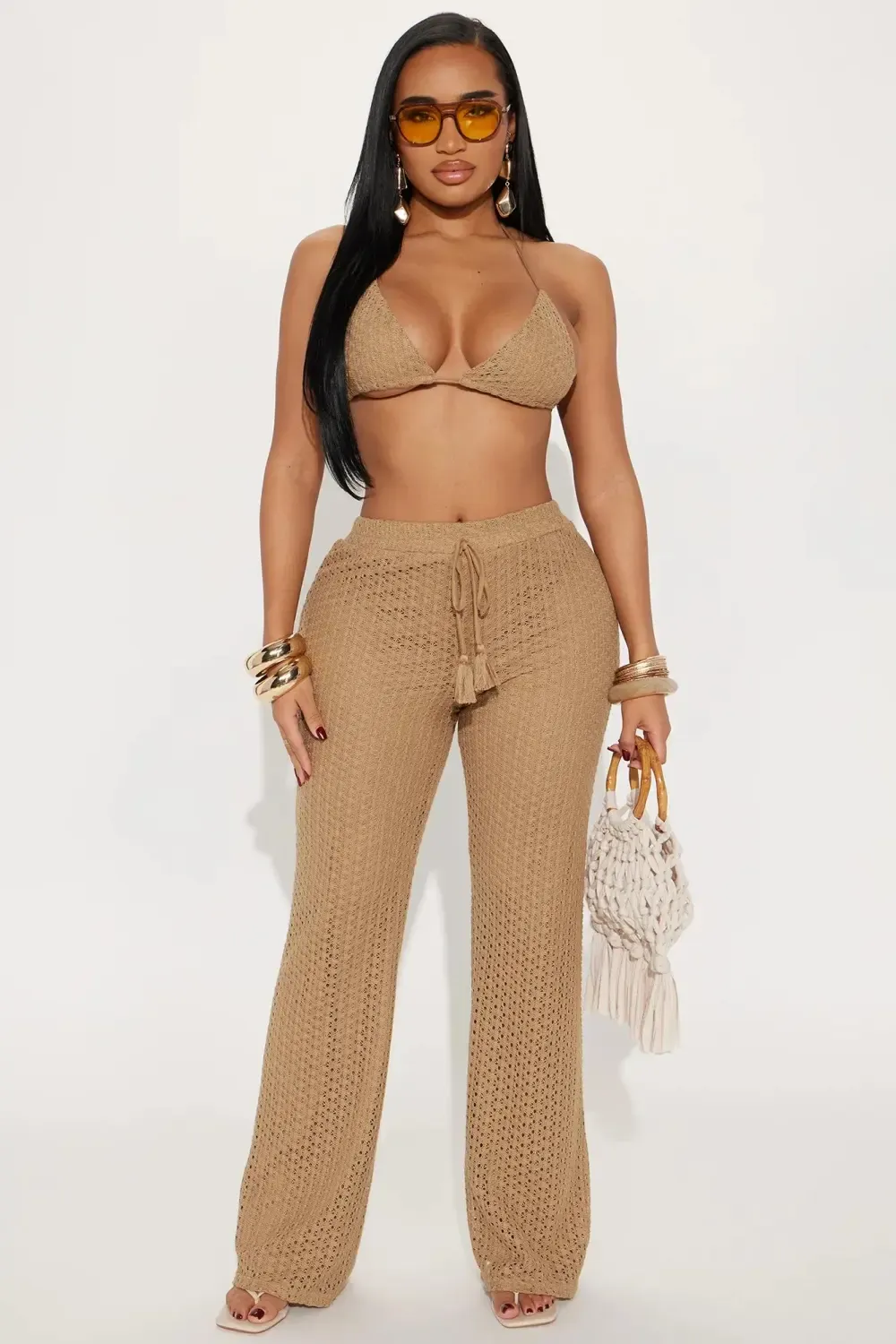 Tropical Oasis Crochet Pant Set - Brown