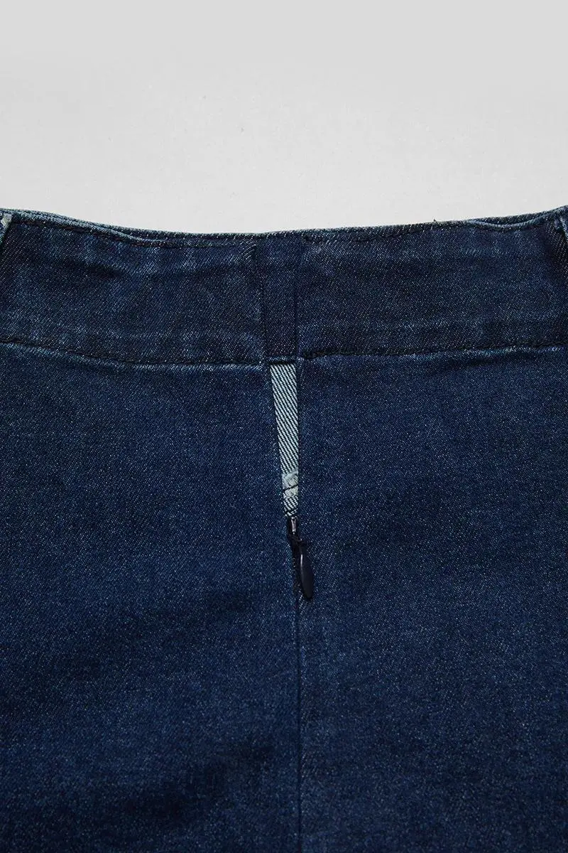 Wash Stitch Detail High Rise Long Denim Skirt Without Belt