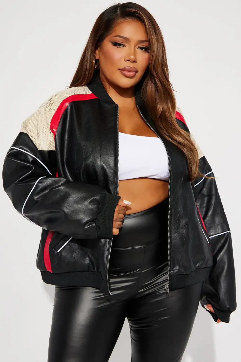 New York Streets Faux Leather Bomber Jacket - Black/combo
