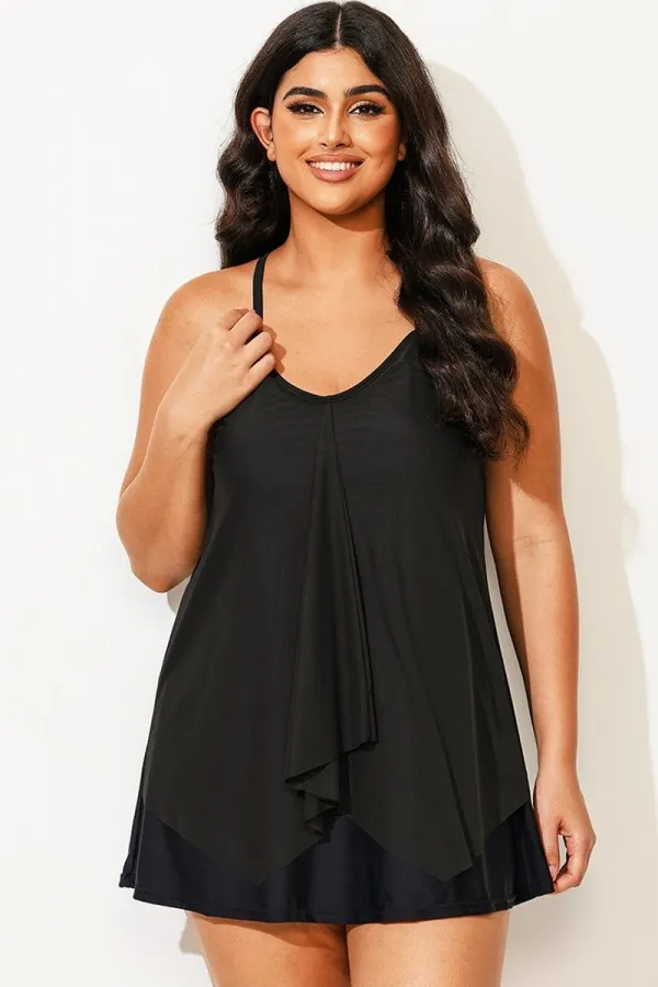 Plus Size Black Longer Length Mesh Swimdress