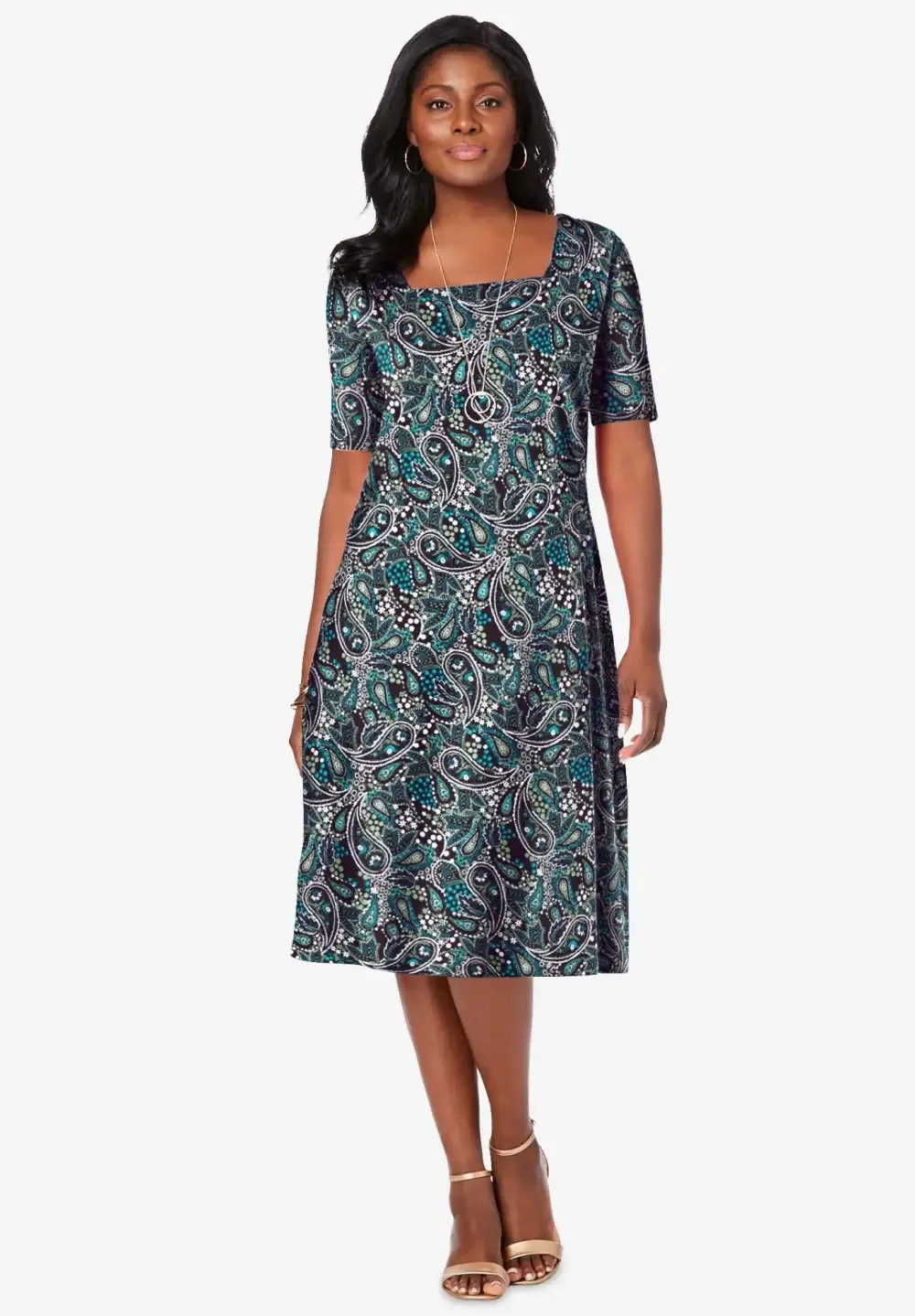 Stretch Cotton Square Neck Midi Dress
