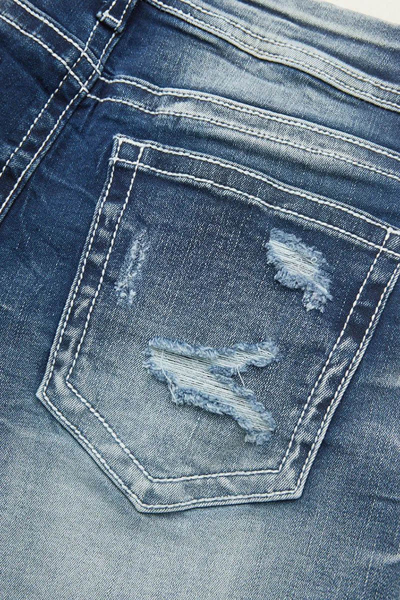 Wash Ripped Raw Hem Mid Waist Denim Shorts