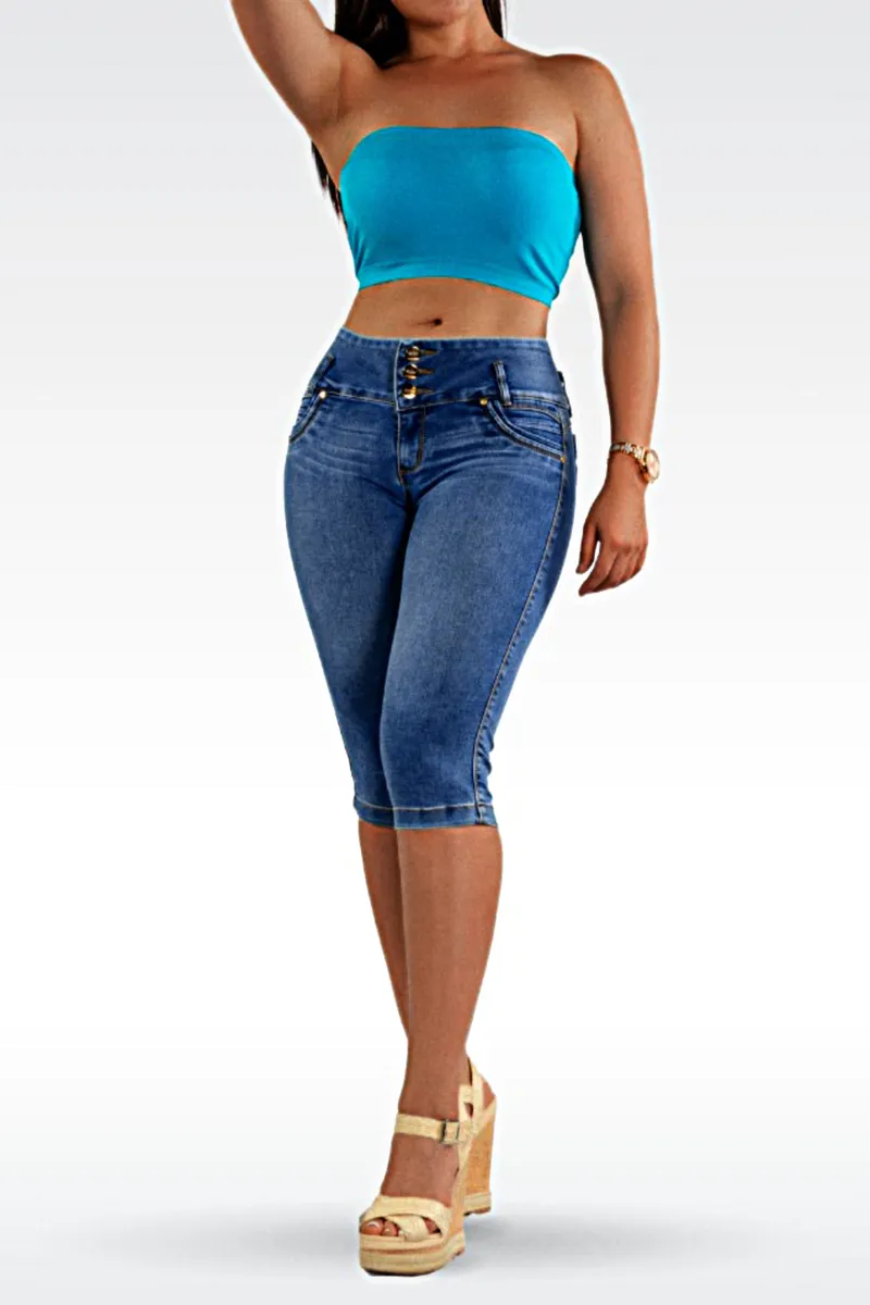 Button Fly Wash High Stretch Mid Waist Capri Jeans