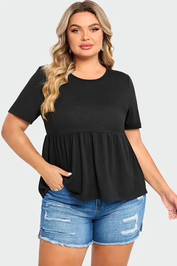 Black Peplum Short Sleeve Round Neck Top