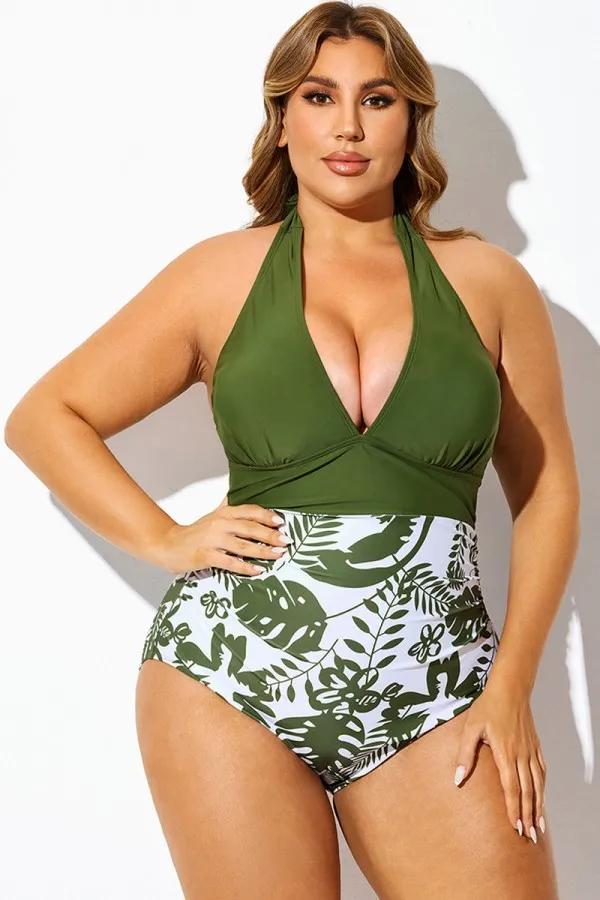 Green Tropical Print Spliced Halter One Piece Swimsuit