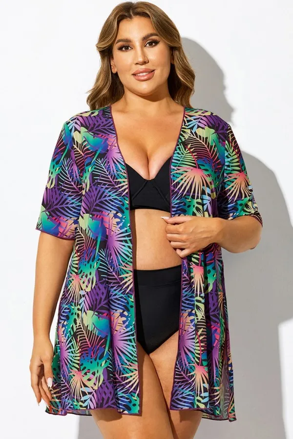 Purple Tropical Plant Print Beach Cover Up