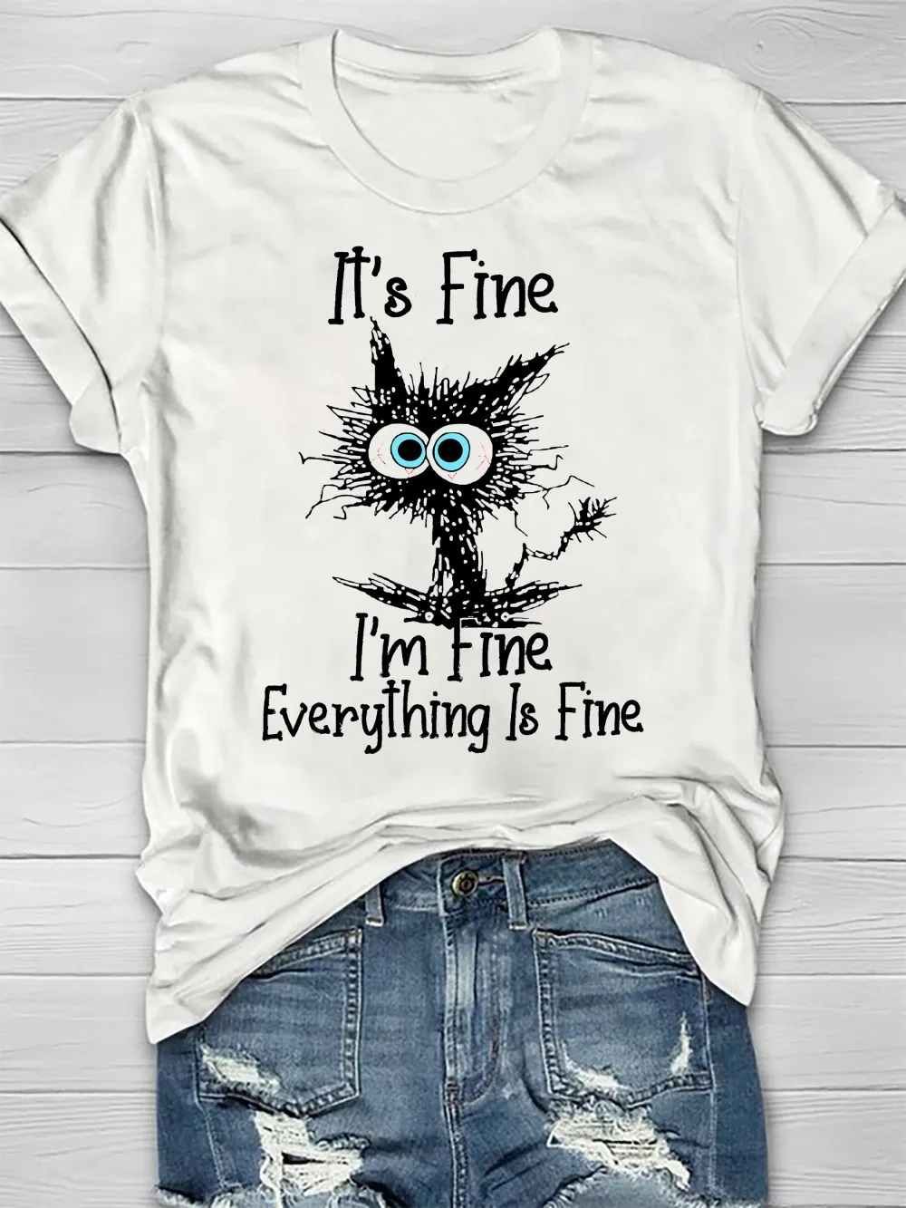 Funny Grumpy Cat It's Fine I'm Fine Everything Is Fine Graphic Print Short Sleeve T-shirt