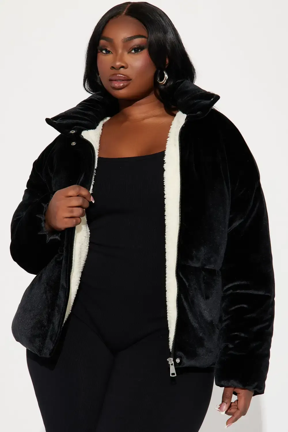 Cici Velvet Puffer Jacket - Black