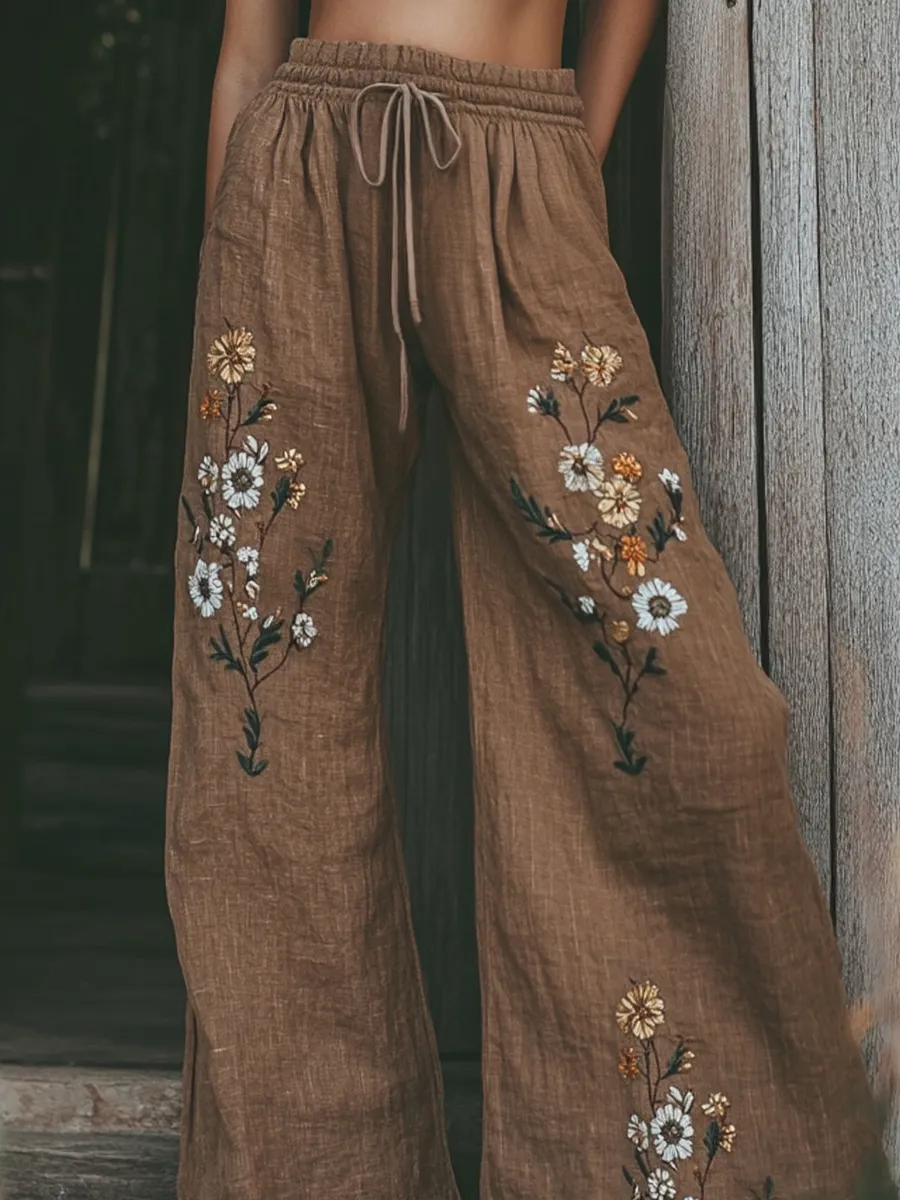 Women's Vintage Floral Embroidered Pattern Linen Blend Casual Pants