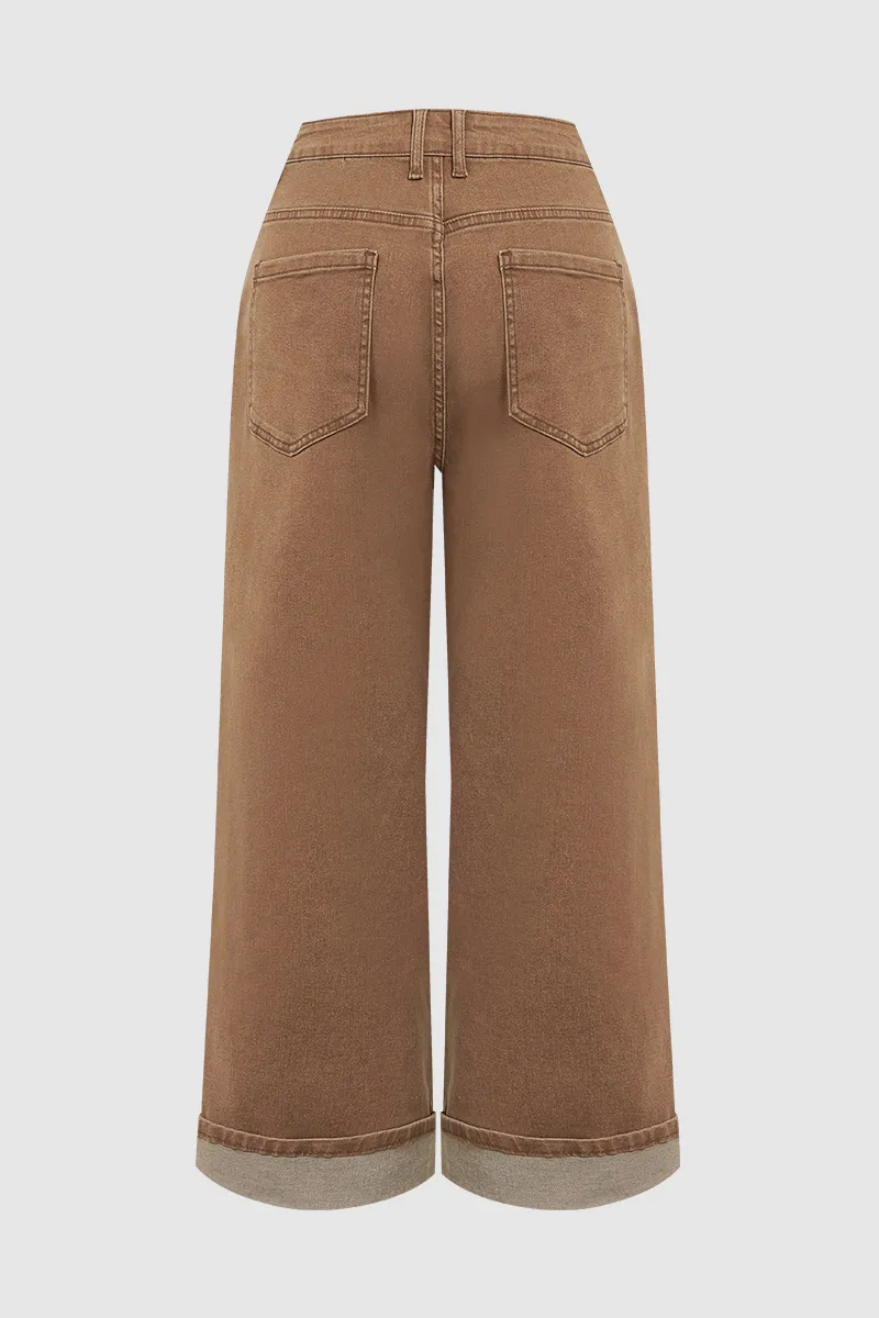 Seam Side Layered Pocket Roll Hem Mid Rise Wide Leg Pants