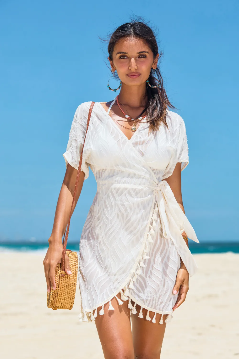 Rippled Waves White Cover-Up Mini Dress