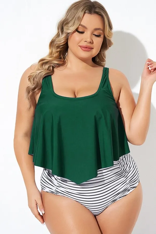 Striped Scoop Neck Ruched Flounce Blouson Tankini Top