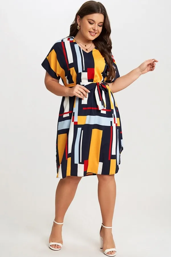 Print Color Block Dolman Sleeve Belted Plus Size Midi Dress