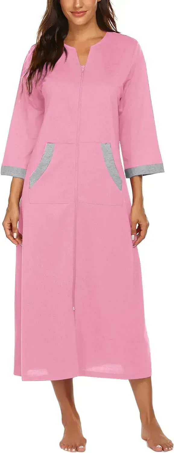 Women Zipper Robe 3/4 Sleeves Loungewear Dress Full Length Sleepwear Pockets Housecoat Nightgown Long Bathrobe