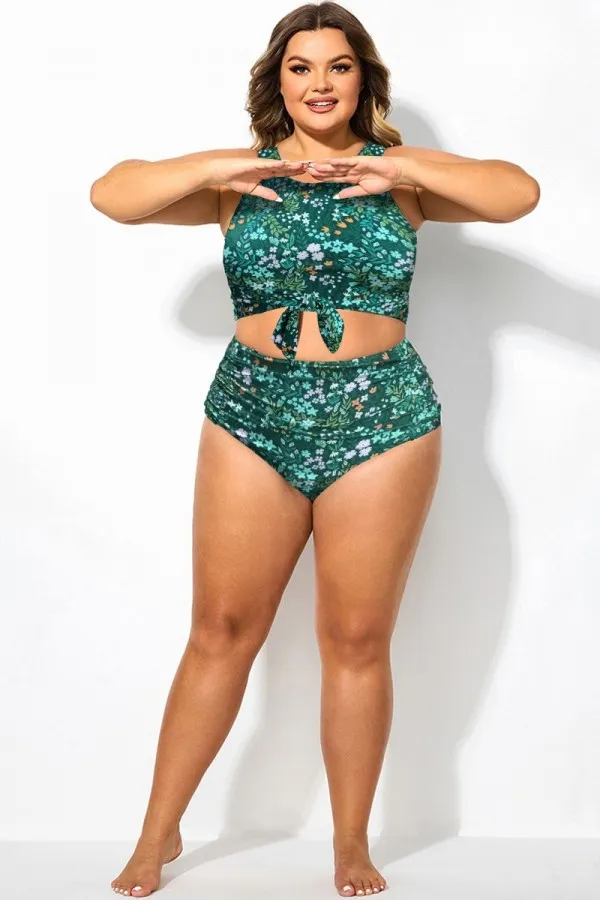 Green Cottage Floral Print High Waisted Bottom