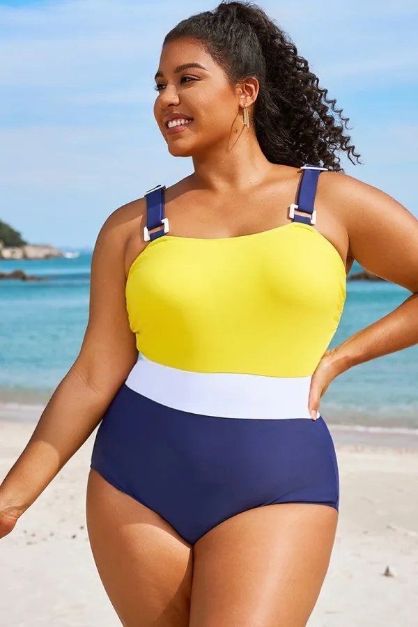 Plus Size Colorblock Tummy Control One Piece Swimsuit