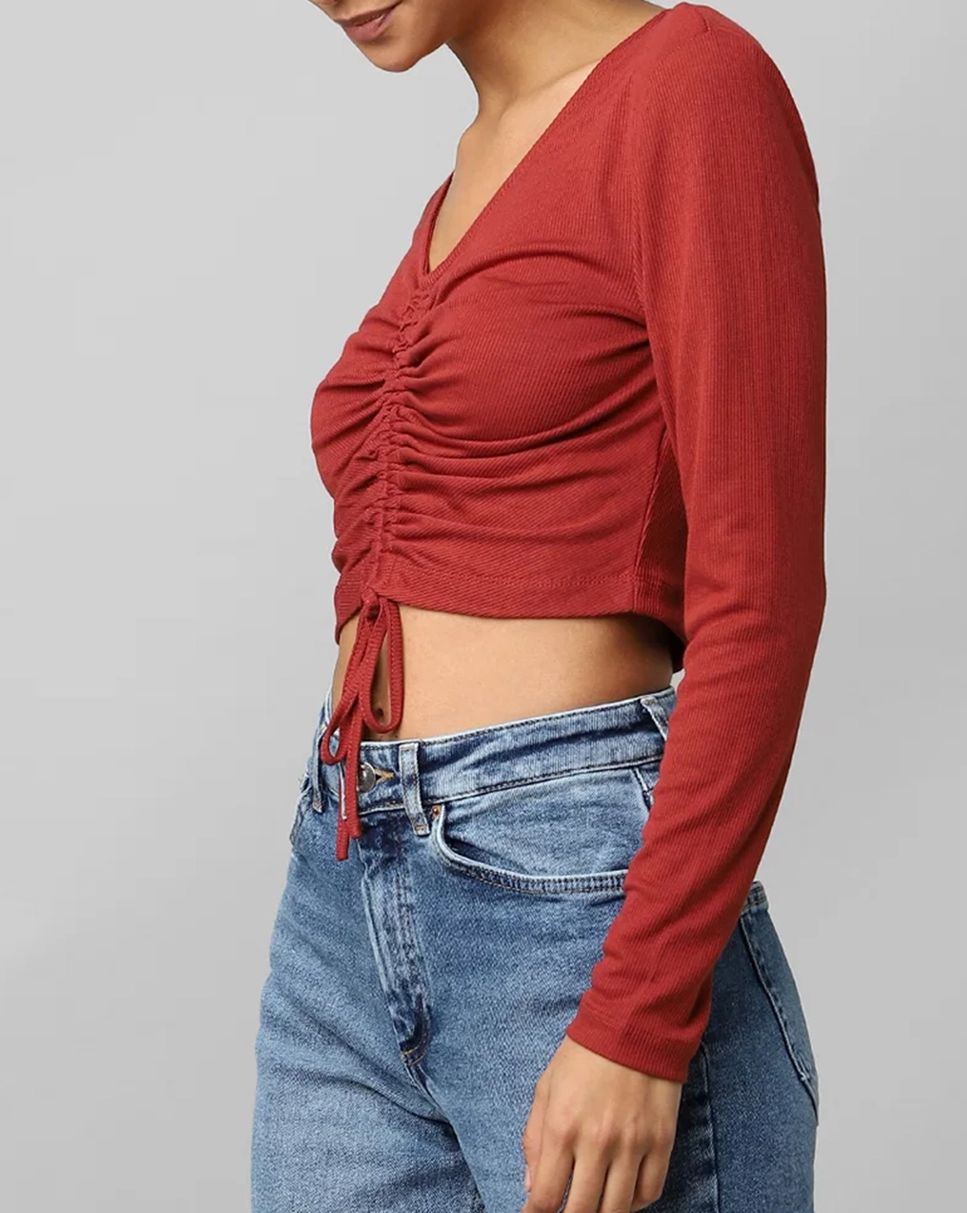 Rust Ruched Long Sleeve Cropped Top