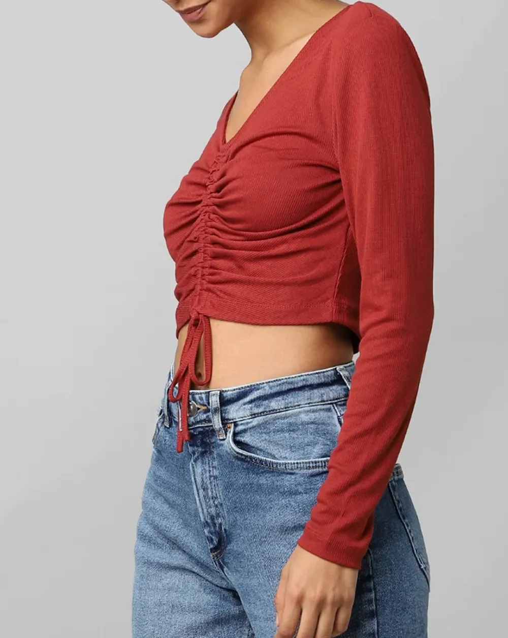 Rust Ruched Long Sleeve Cropped Top