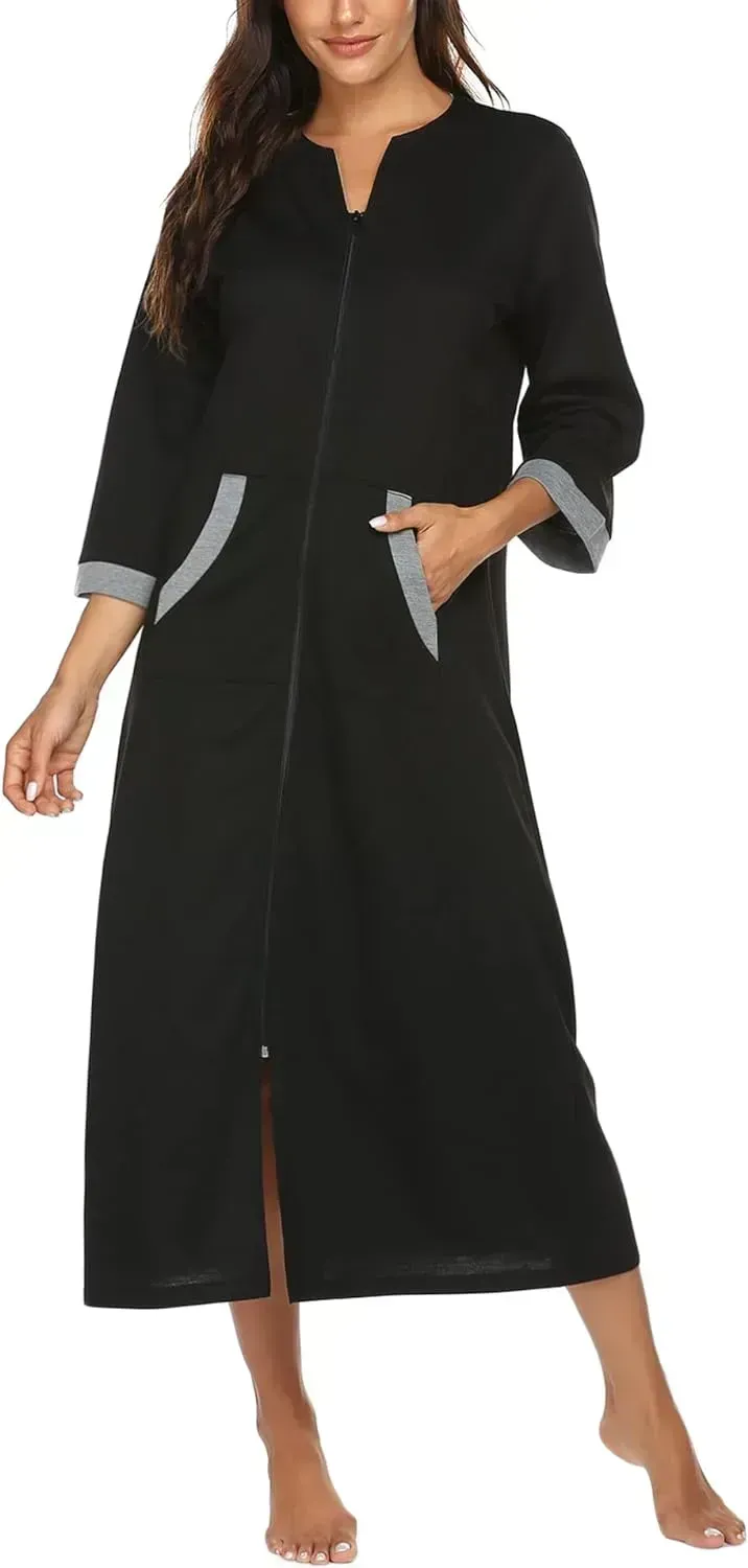 Women Zipper Robe 3/4 Sleeves Loungewear Dress Full Length Sleepwear Pockets Housecoat Nightgown Long Bathrobe