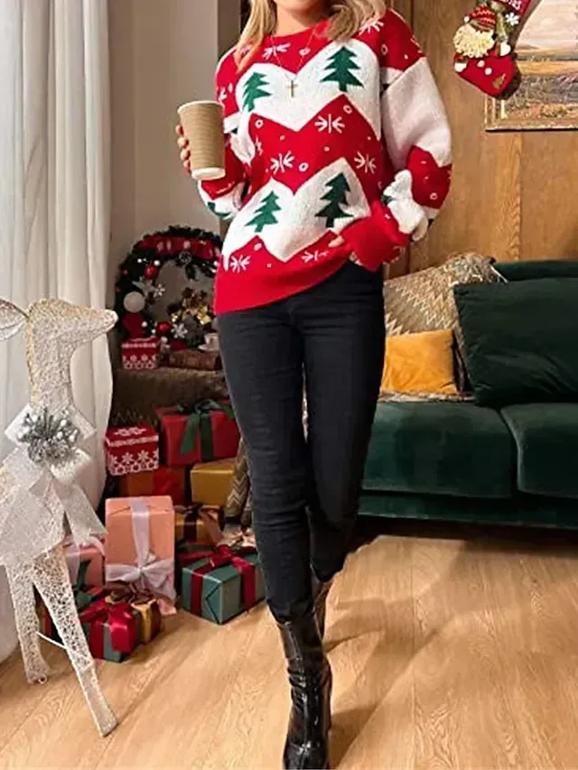 Women's Ugly Christmas Sweater Pullover Sweater Jumper Crew Neck Ribbed Knit Polyester Oversized Fall Winter Xmas Daily Going out Stylish Casual Soft Long Sleeve Color Block Christmas Tree Red S