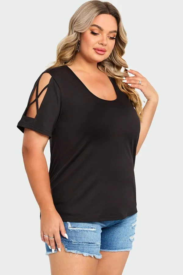 Black Square Neck Lattice Cold Shoulder Top