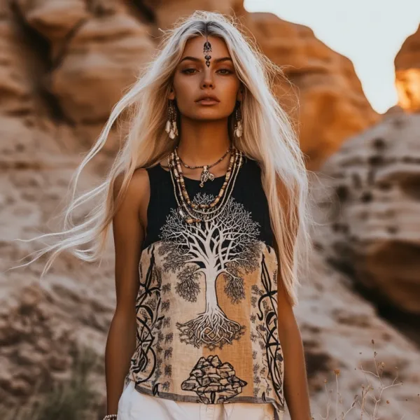 Women's Viking Tree Of Life Tribal With Celtic Knot Pattern Art Linen Sleeveless Top